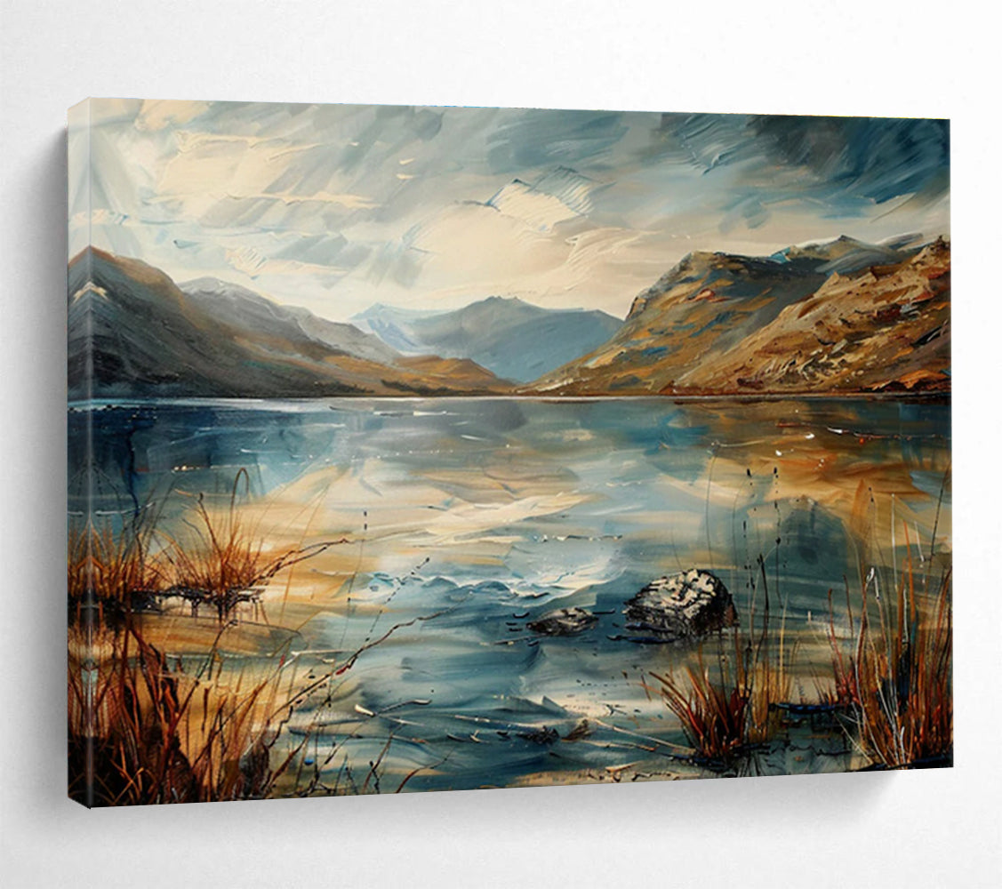 Lake Mountain Abstract Painting with Dynamic, Reflective Beauty THY403