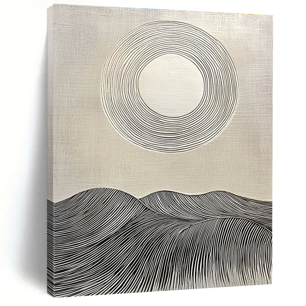 Large abstract painting featuring a circular white sun on textured background with rolling hills and clean lines for a modern aesthetic.STSC1029