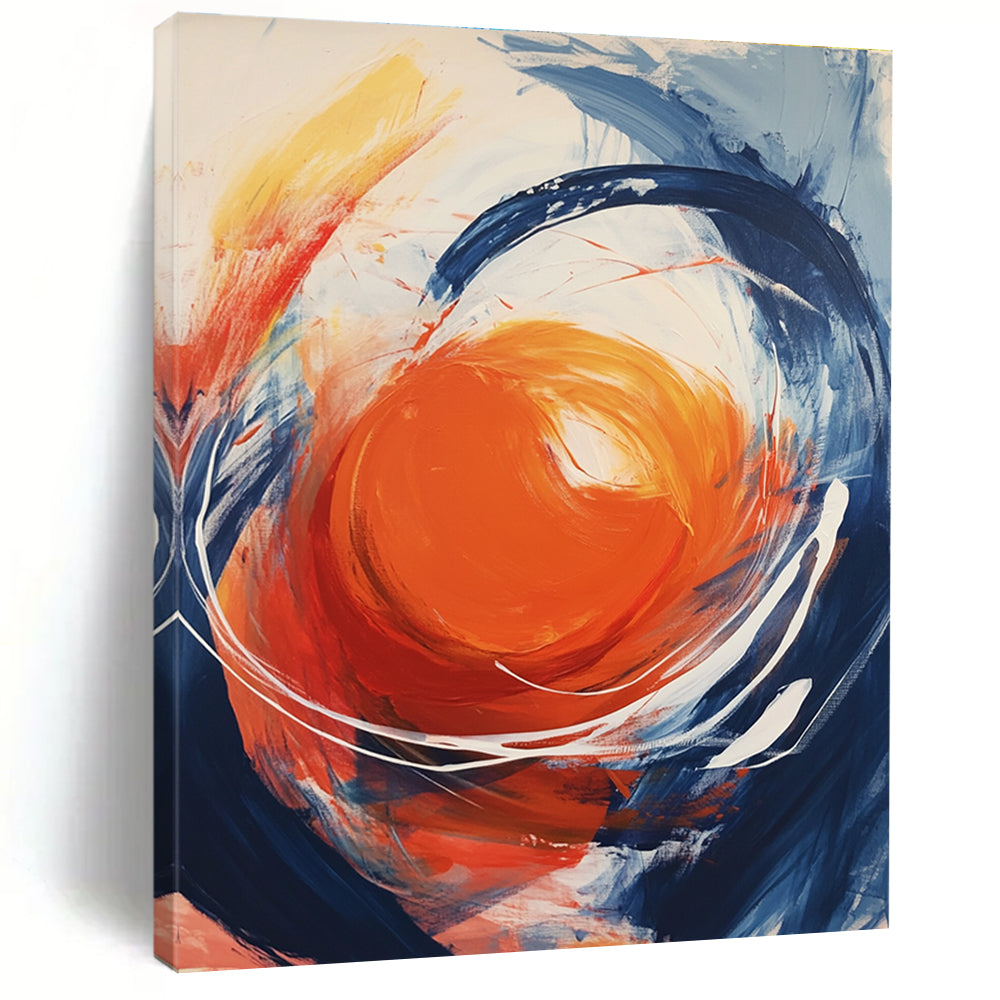 Large abstract painting featuring an orange orb with swirling white energy against a light gray background showcasing vibrant colors and dynamic brushstrokes.STSC744