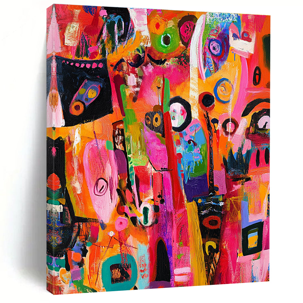A vibrant abstract painting showcasing urban chaos with lively characters and dynamic patterns in bright colors highlighting intricate details and expressive faces.STSC1218