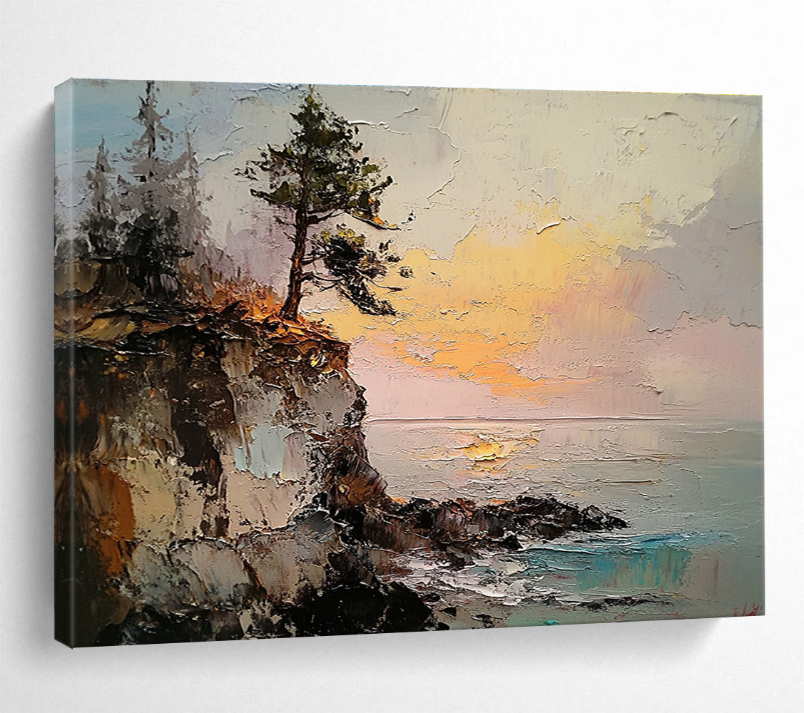 Cliffside Tree at Sunset Impasto Abstract Painting with Vivid Oranges DYP593