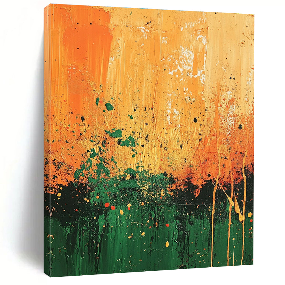 Orange Green Splatter Abstract Painting with Energetic Patterns GER492