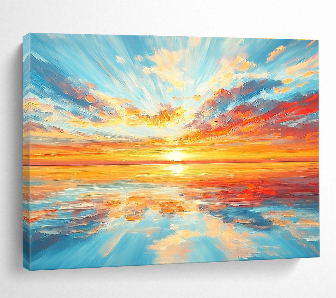 A stunning abstract painting of an endless horizon with a vibrant sunset and colorful reflections on calm waters. Perfect for home decor.SC403