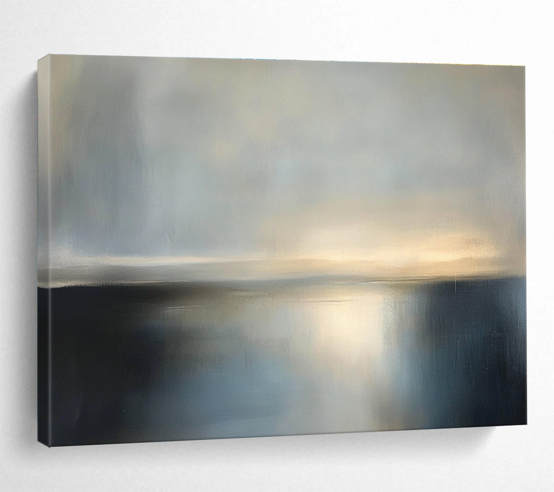 Large abstract painting featuring a tranquil dusk sky and sea in soft gray tones, evoking serene stillness with a minimalist style.SC079