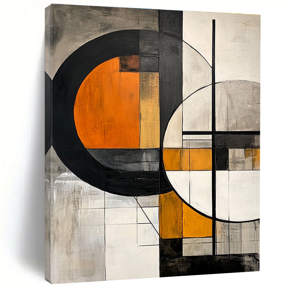 Large abstract painting featuring geometric shapes with orange interiors on a grey background accented by black lines and grey white elements.STSC222