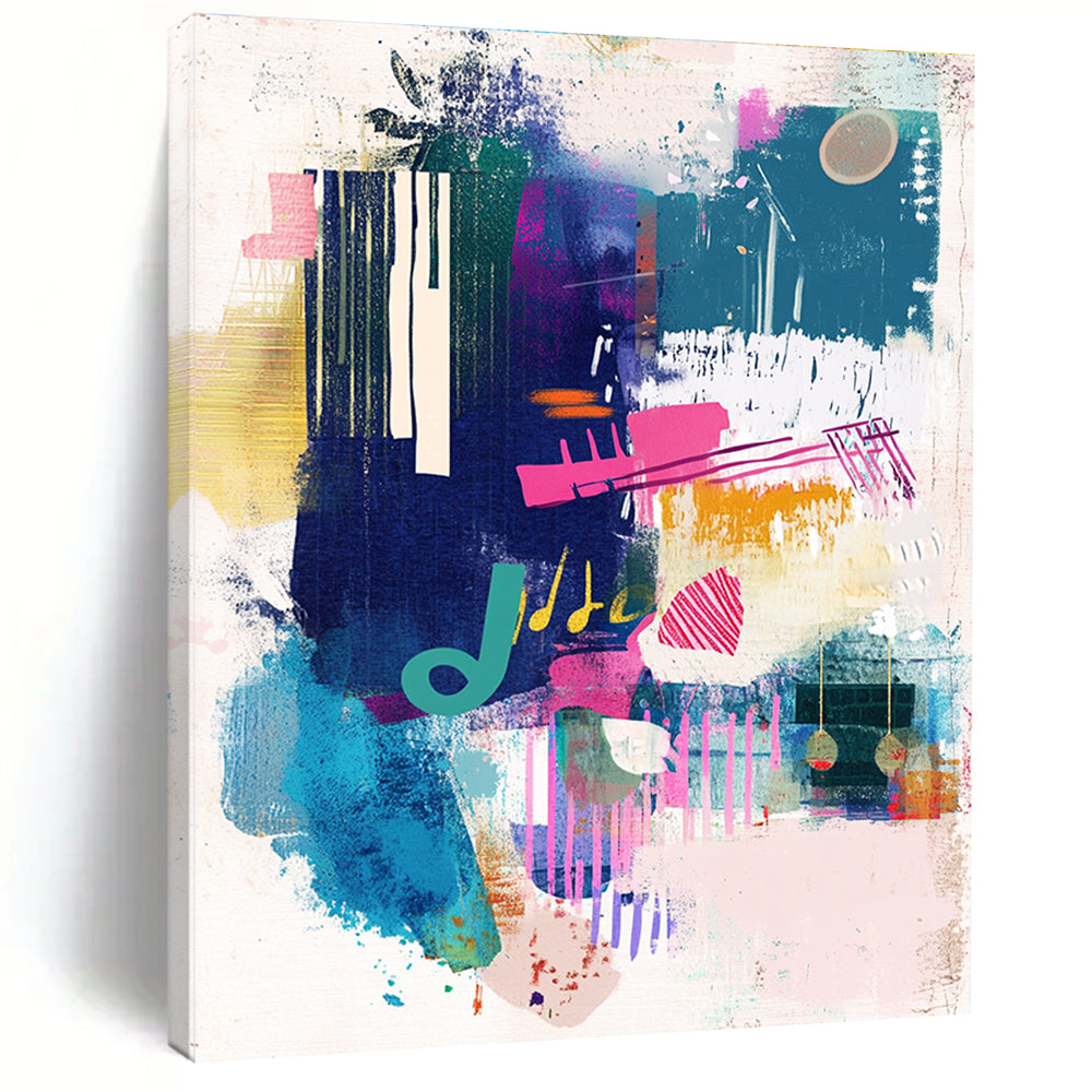 Large abstract painting capturing urban energy with musical notes and vibrant colors on textured paper leaving space for text or logos.STSC560