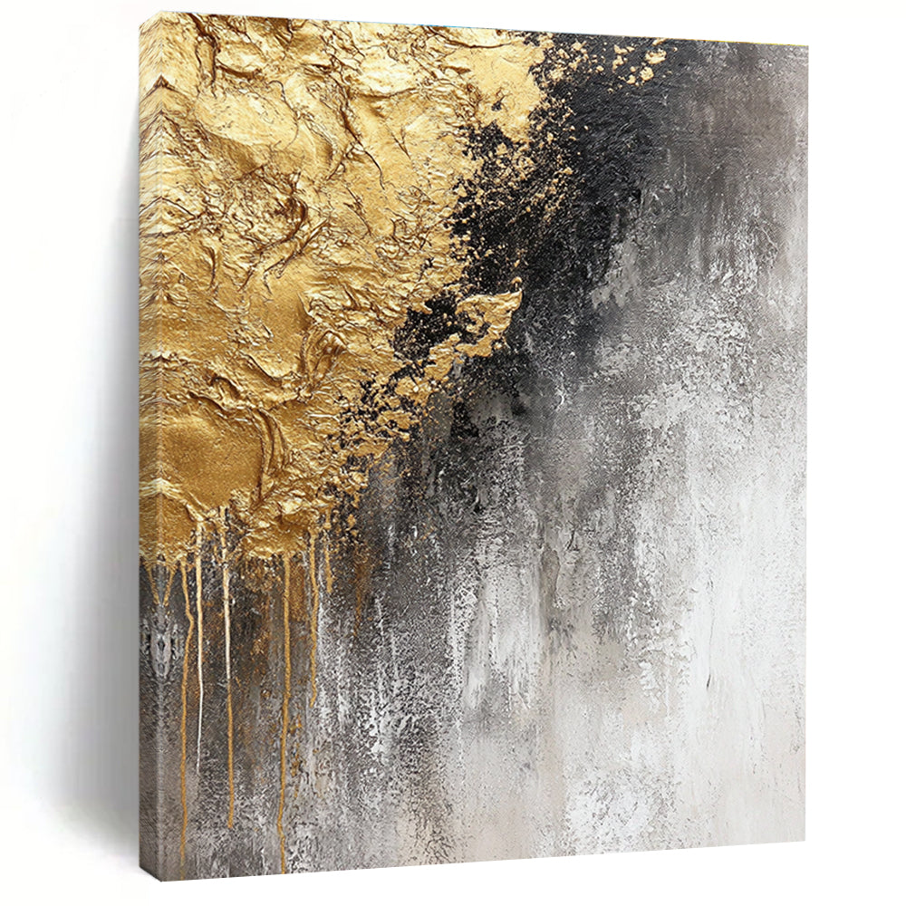 Gray Gold and Black Abstract Painting with Dripping Textures GER645