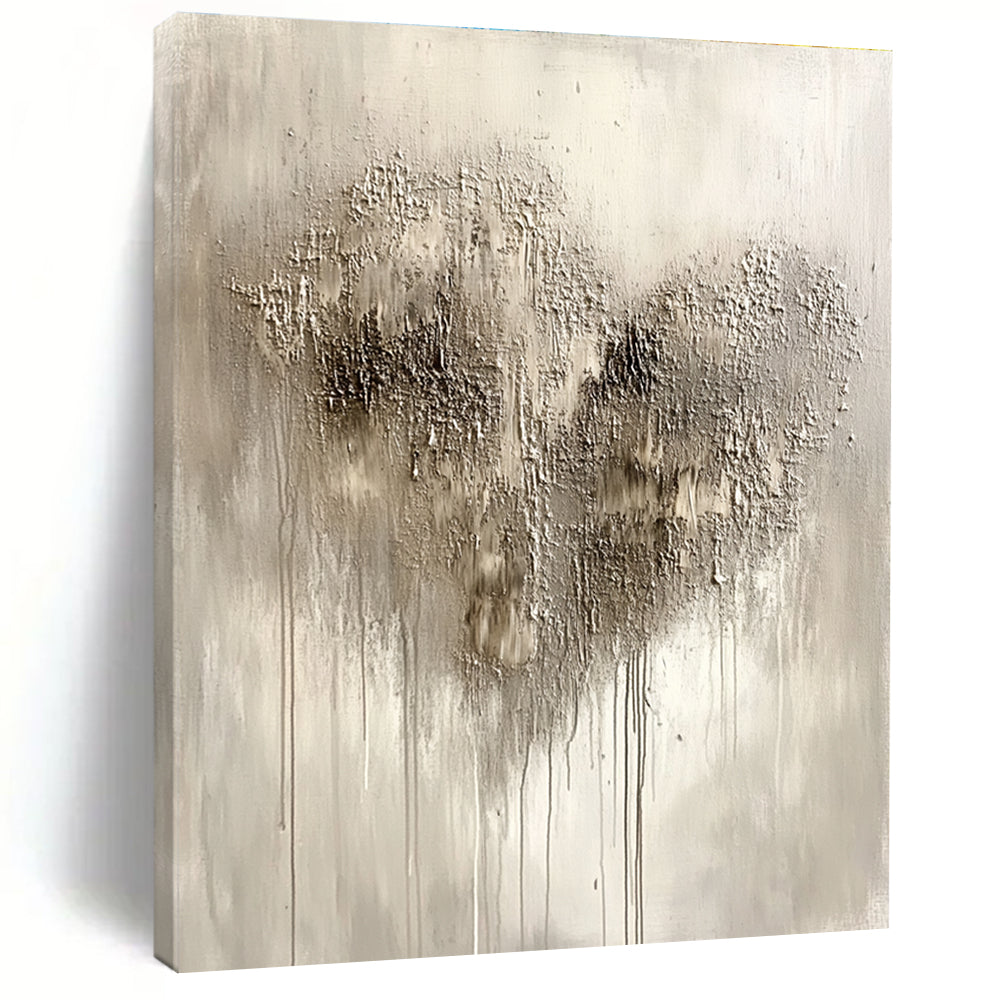 Large abstract painting in silvery gray with impasto texture featuring a heart-shaped pattern and accents of black and dark brown.STSC519