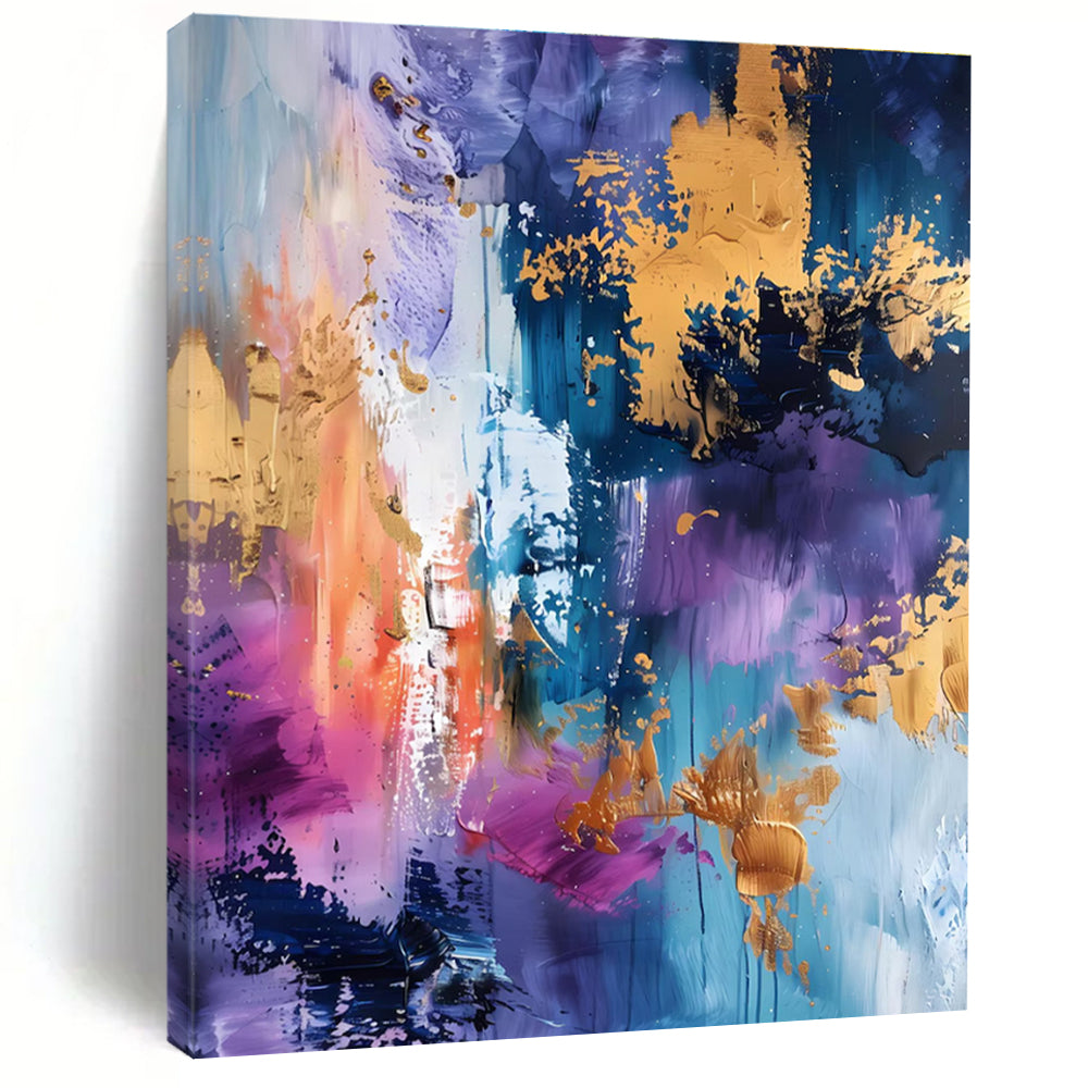 Purple Blue and Gold Abstract Painting with Splashes ADGE282