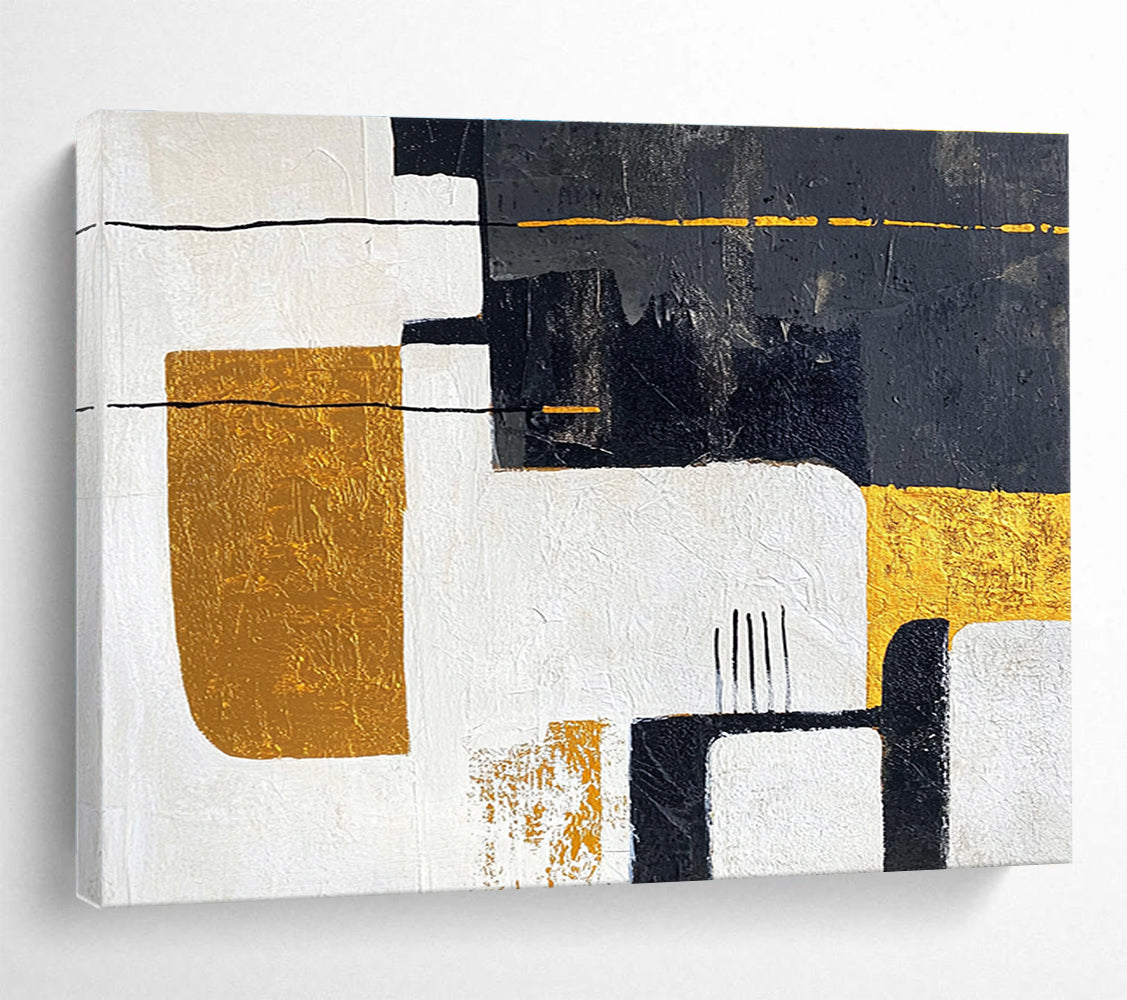 Black White Gold Abstract Painting with Geometric Elegance DYP425