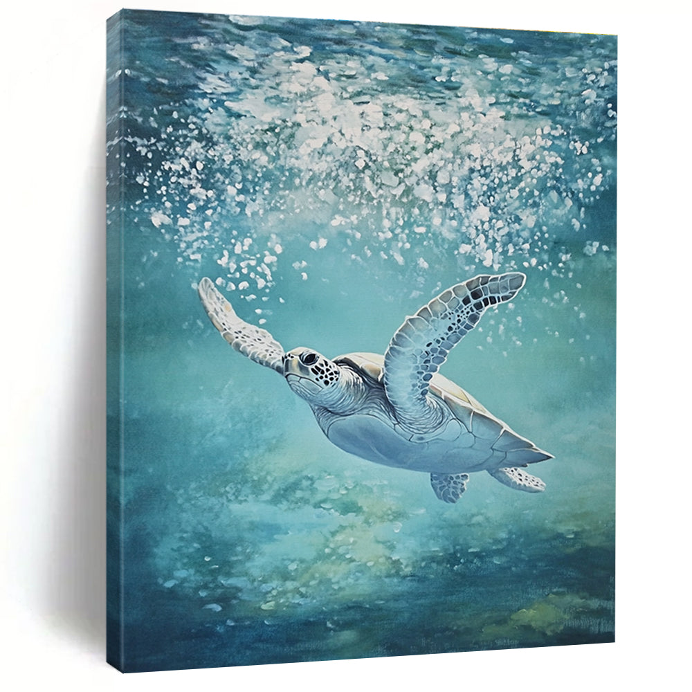 An abstract painting capturing the serene underwater scene of a majestic sea turtle gliding through crystal-clear waters with glistening skin and vibrant hues.STSC1175