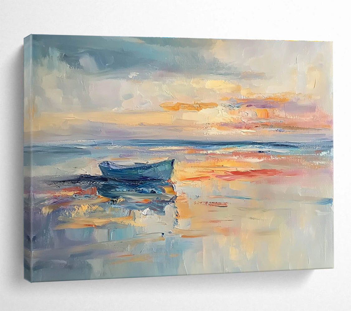 Large abstract painting of the sea featuring calming sunset colors on the horizon perfect for enhancing any space.SC133