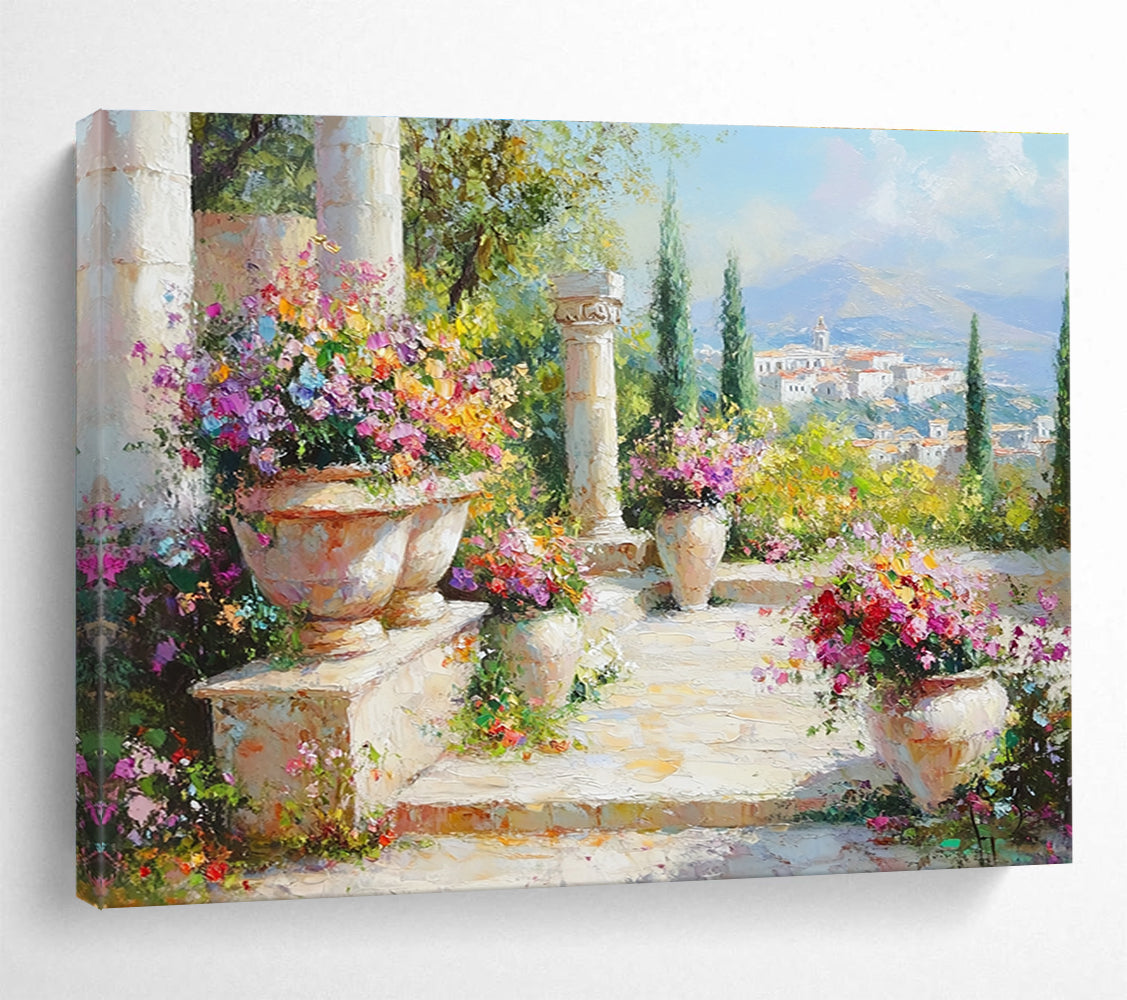 A large abstract painting featuring a vibrant garden with flowers, ancient Greek city background, and soft pastel colors in a hyper-realistic style.SC467