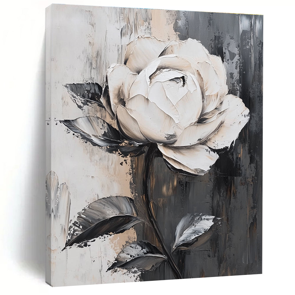 Large abstract white rose painting with exquisite details on gray background featuring elegant lines and stunning light effects in luxurious colors.STSC522