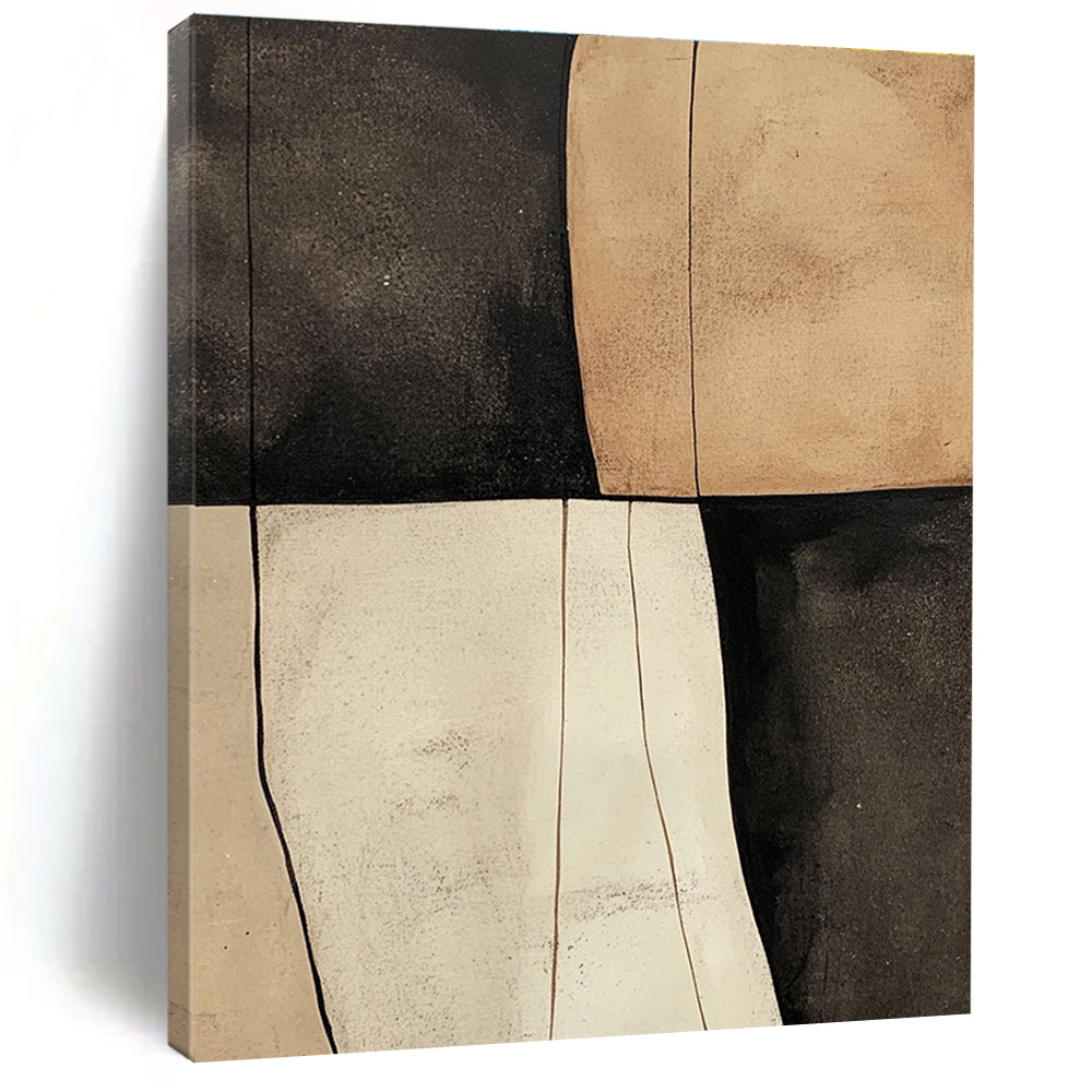 Large abstract painting featuring beige black and white shapes with smooth tan textures on a dark gray background.STSC627