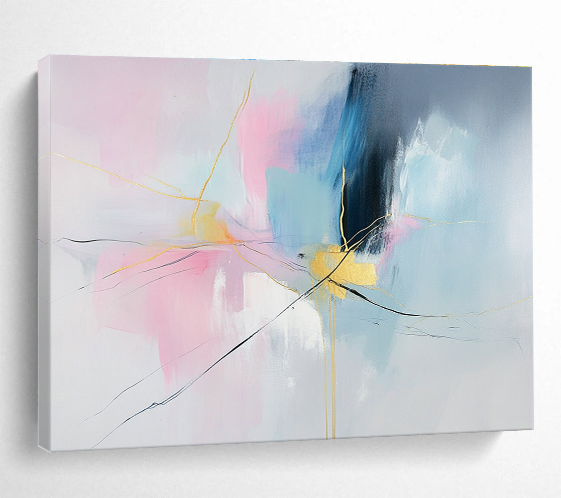 Colorful Abstract with Gold Lines Painting in Pink and Blue DYP441