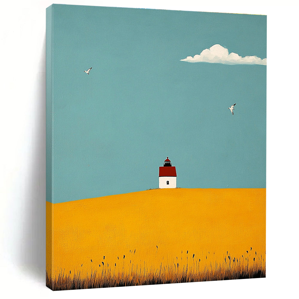 Abstract painting featuring a lighthouse, yellow fields, seagulls, and a vibrant blue sky using soft brushstrokes and tranquil colors.STSC1039