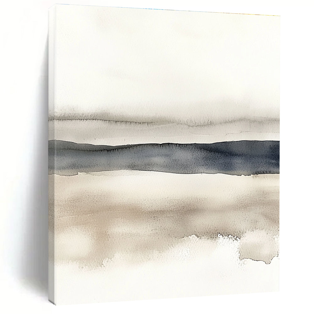 Large abstract watercolor in neutral tones featuring beige grey and navy blue on a white background with horizontal lines for a minimalist landscape.STSC496