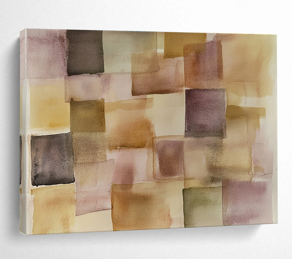 An abstract painting featuring soft pastel squares and rectangles in earthy tones of beige and brown, inspired by Paul Klee's style.SC619