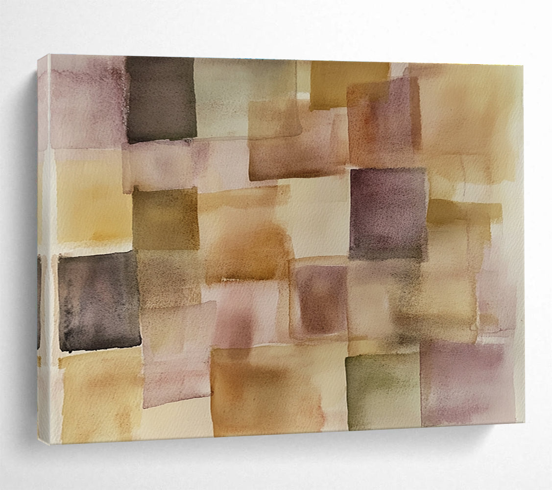 An abstract painting featuring soft pastel squares and rectangles in earthy tones of beige and brown, inspired by Paul Klee's style.SC619
