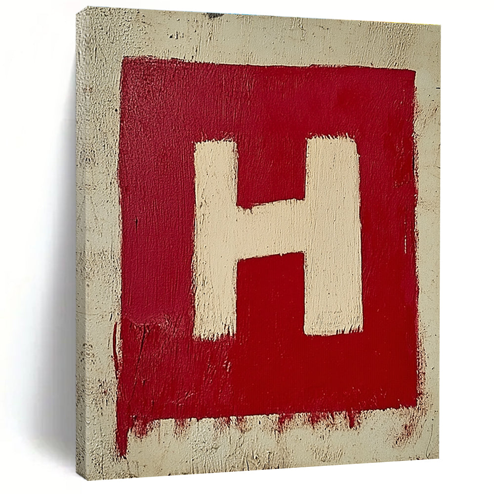 A large abstract painting featuring a minimalistic red and white letter H on textured canvas, showcasing simple brush strokes in oil paint.STSC1163