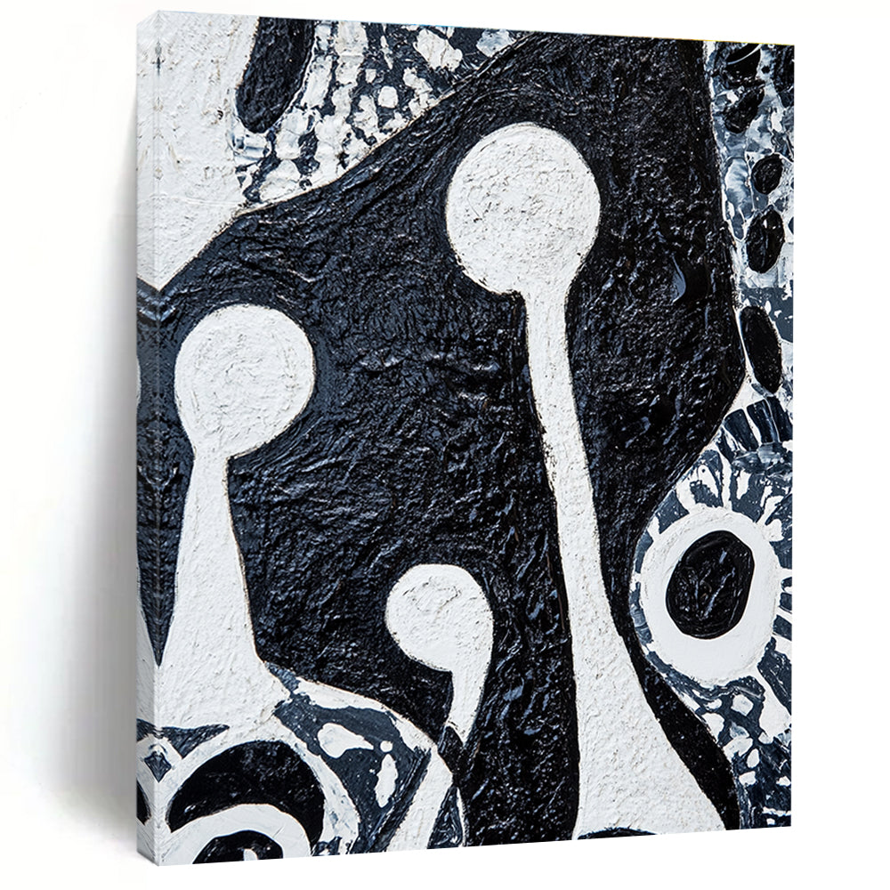 Large abstract painting featuring bold black and white patterns with tribal art elements and two figures holding musical instruments on textured canvas.STSC937