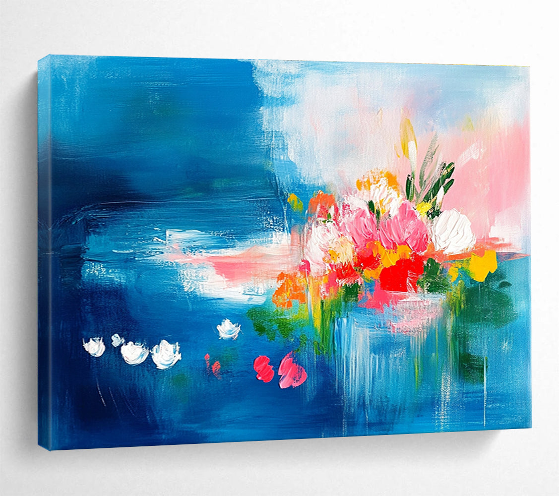 Abstract painting featuring vibrant pink and turquoise flowers on a blue background with green leaves and bright clouds, creating a joyful and dynamic atmosphere.SC235