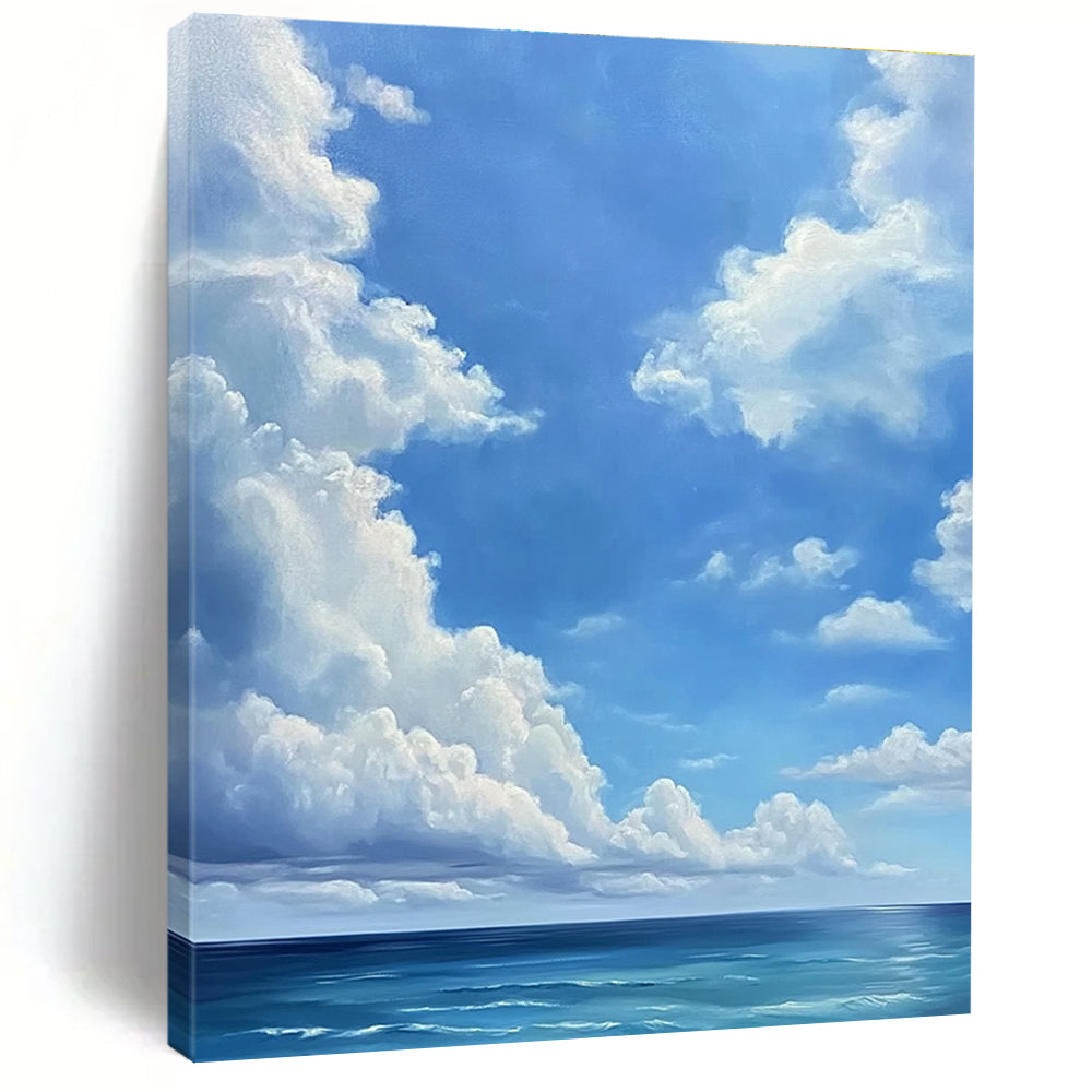 A large abstract painting featuring a blue sky with white clouds and a vast ocean below in a minimalist oil painting style.STSC923
