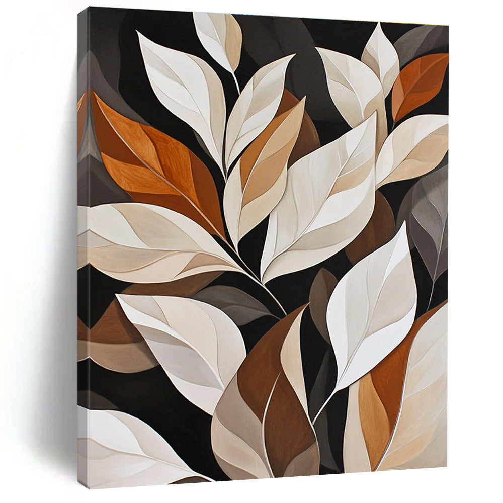 Large abstract painting of white leaves on a black background featuring elegant brown and beige tones with detailed foliage and soft lines.STSC1151