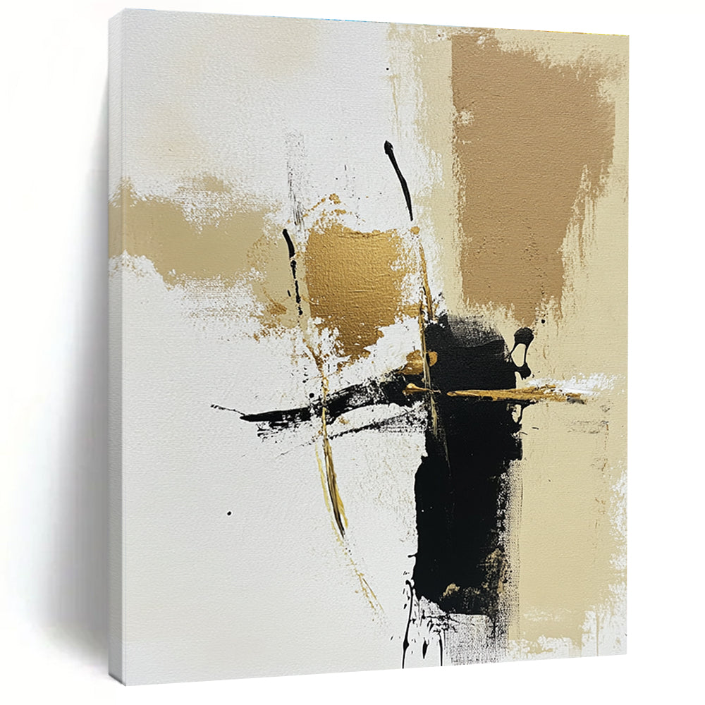 Large abstract painting featuring neutral tones with gold accents on a beige and white background highlighted by brown and black lines and brush strokes.STSC776