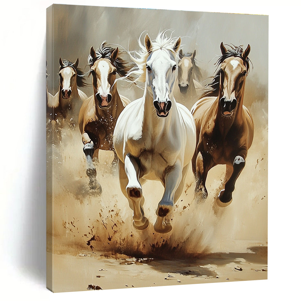 An abstract painting featuring horses in motion with dust clouds around them capturing the essence of speed and natural beauty in a simple landscape.STSC1013