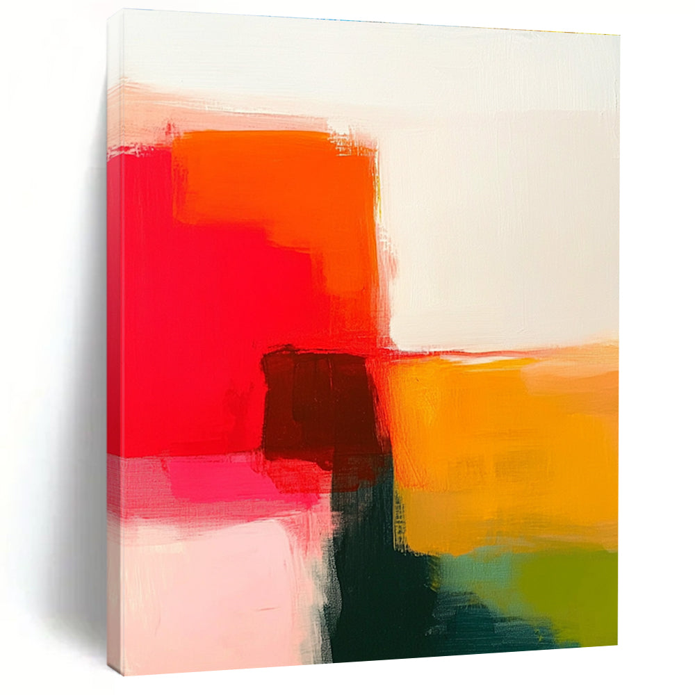 An abstract painting featuring warm reds and oranges with green on a white background showcasing simple shapes and soft edges.STSC629