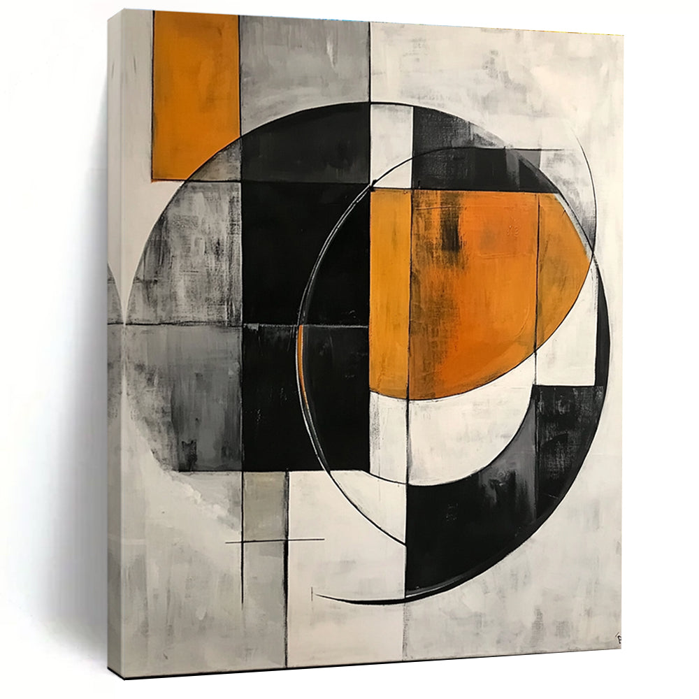 Large abstract painting featuring simple geometric shapes, circles, and half-circles in shades of gray, orange, black, and white.STSC221