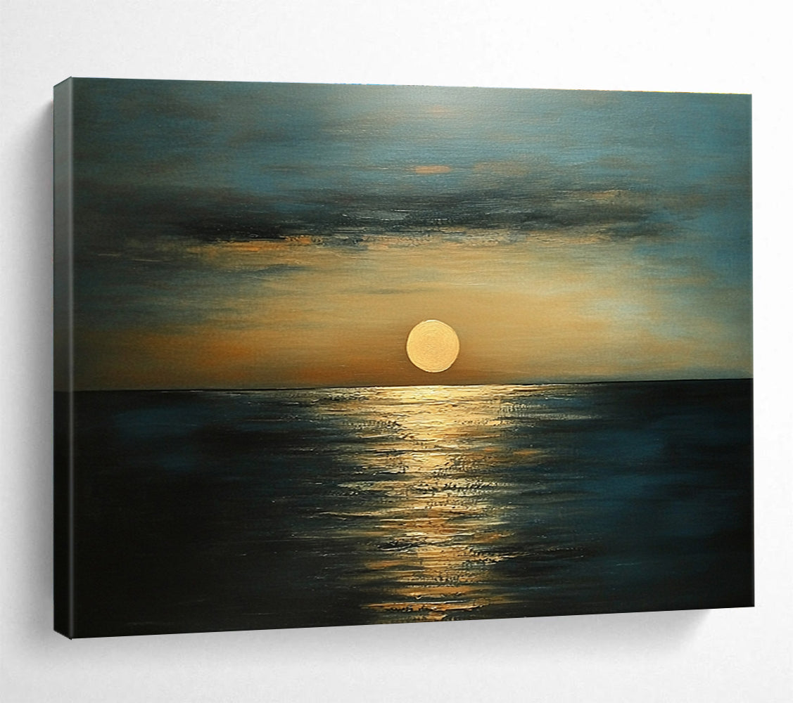 Golden Sunset Sea Abstract Painting with Orange and Blue Tones DYP571