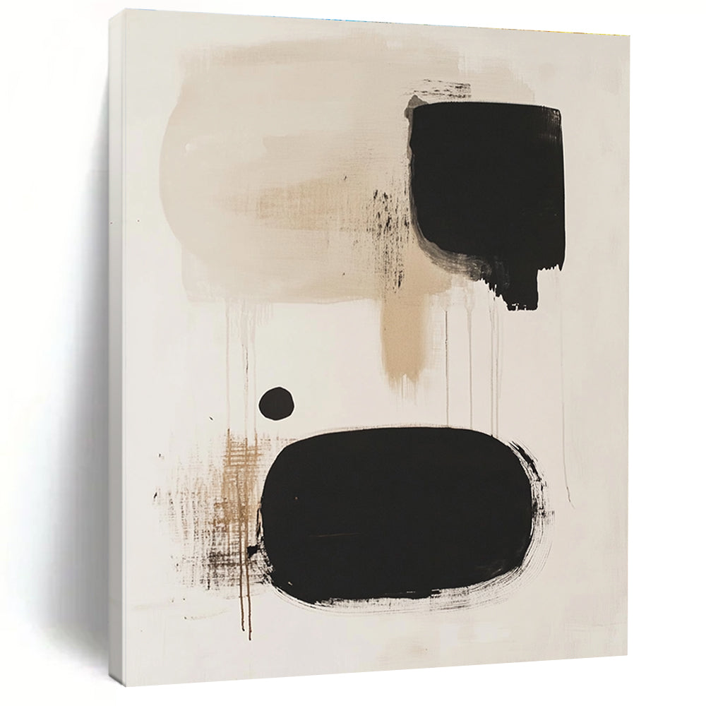 Black and Beige Drip Abstract Painting with Spontaneous Forms GER173