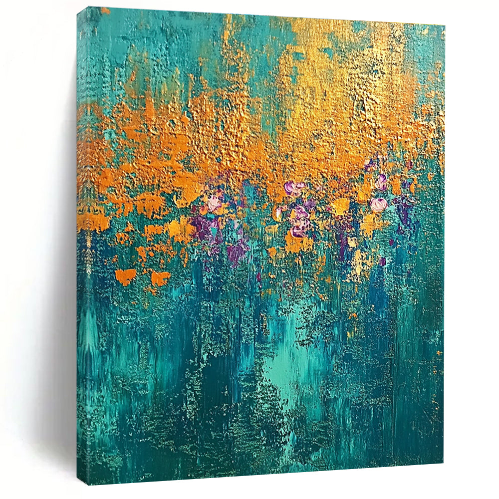 Teal, Gold, and Purple Abstract with Floral Hints GER288