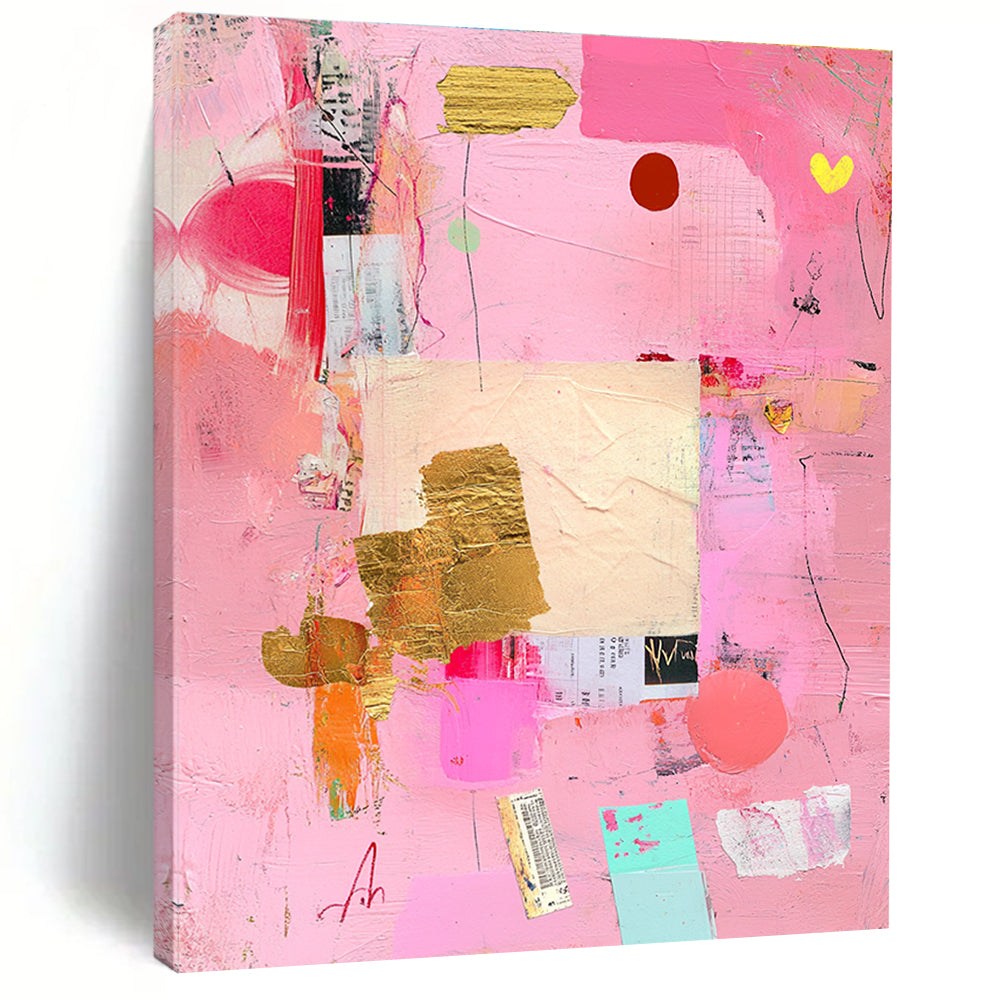 Abstract painting featuring a pink background with collage elements and soft pastel tones conveying love and romance through shapes and textures.STSC748