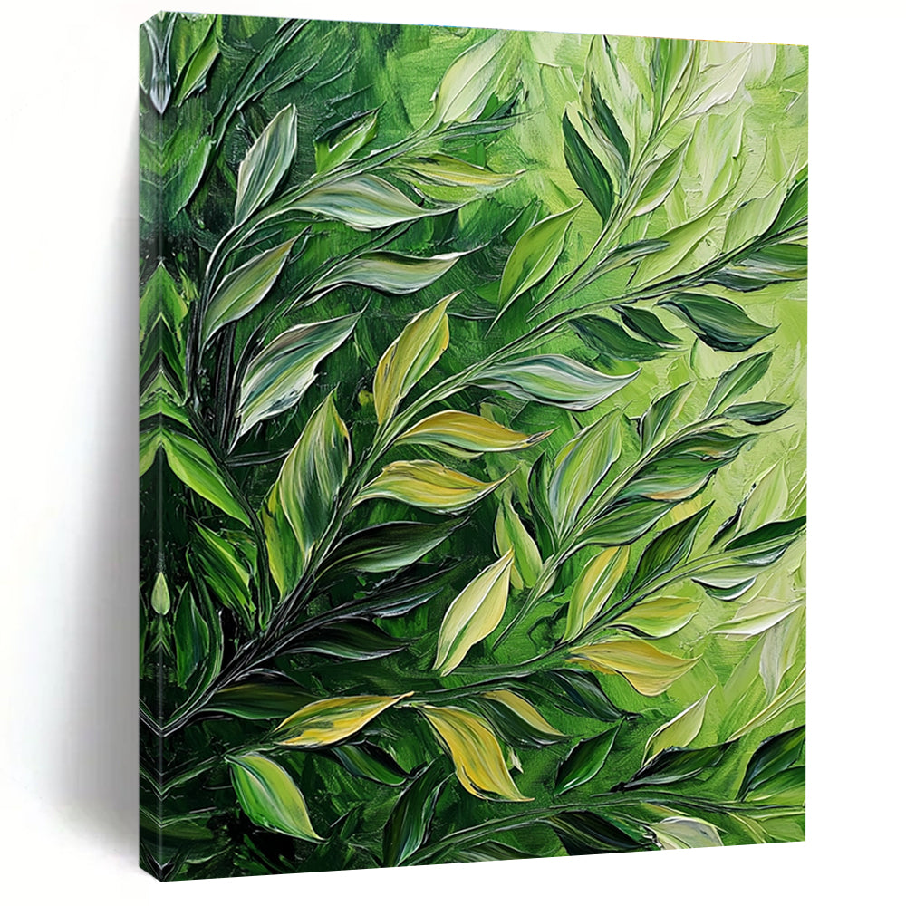Huge abstract painting featuring thick brush strokes of green leaves on a dark background showcasing detailed foliage in acrylic and oil.STSC1130