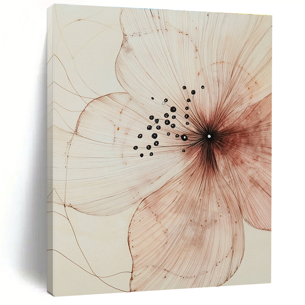 A large abstract painting showcasing delicate petals intricate patterns and subtle textures in light pink and dark brown against a beige background.STSC948