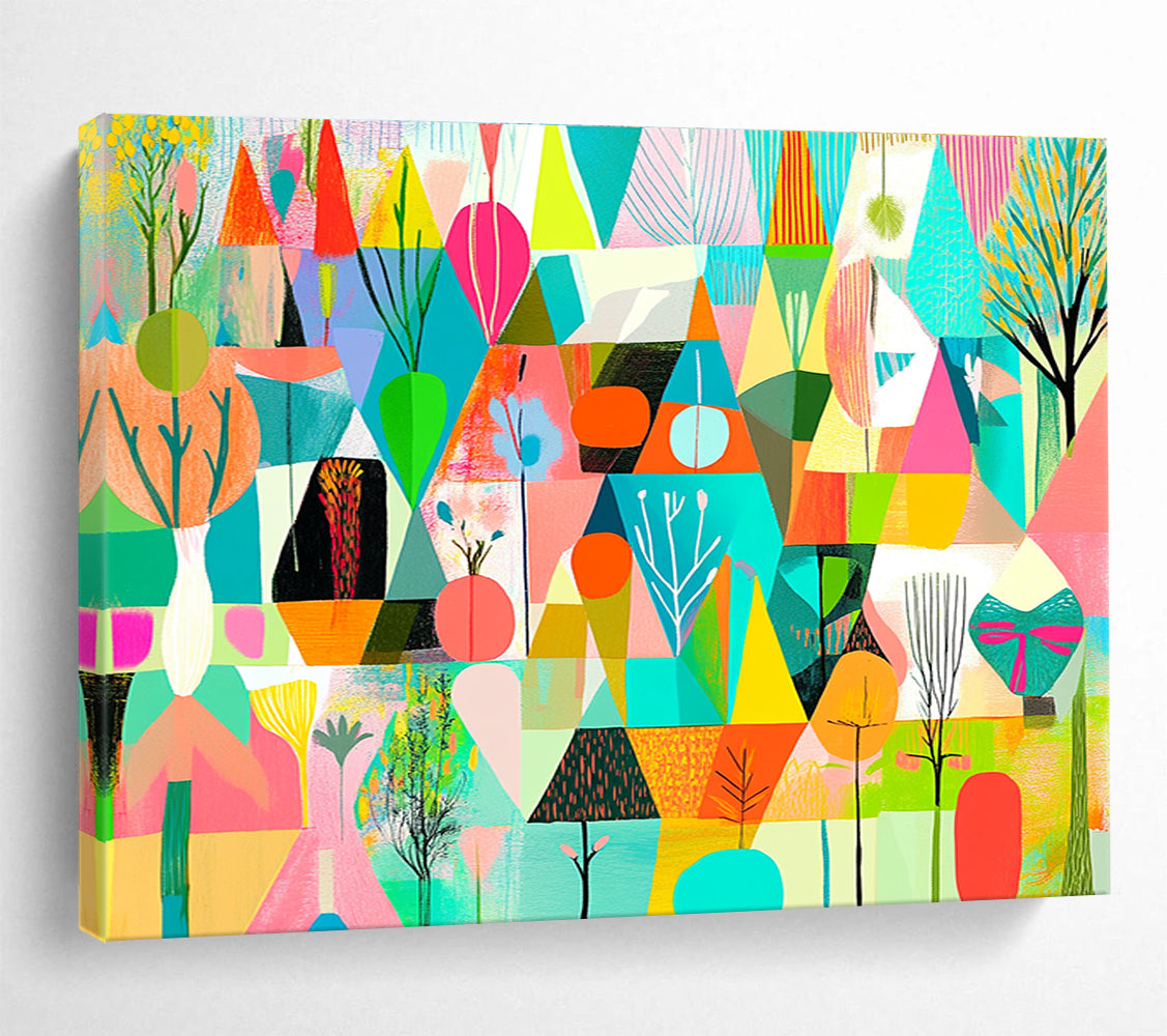 A large abstract painting featuring vibrant geometric shapes in shades of green pink blue yellow and orange with floral elements and nature motifs.SC563