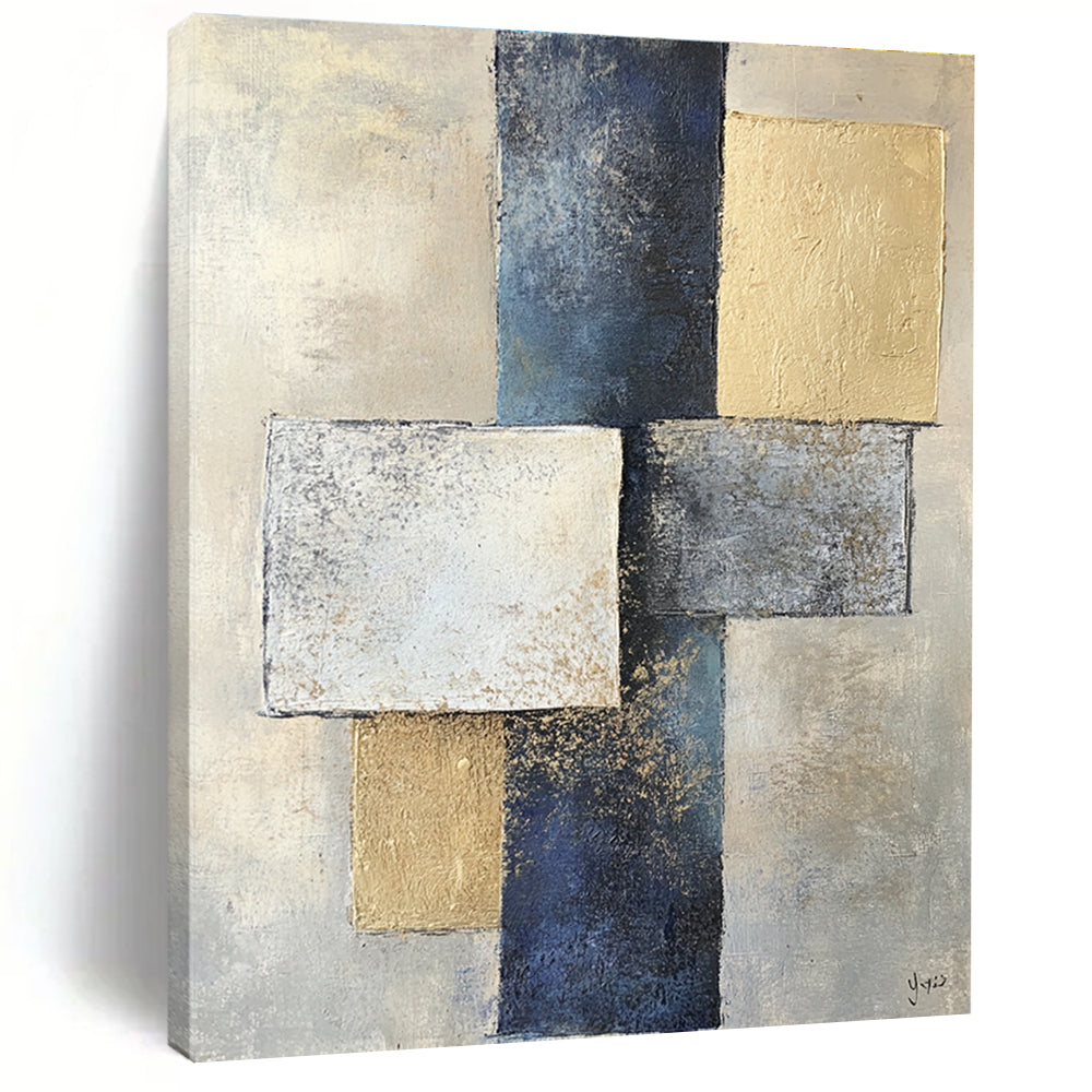 Abstract painting featuring two squares and one rectangle in varying shades of gray on textured paper with a beige and blue color palette.STSC715
