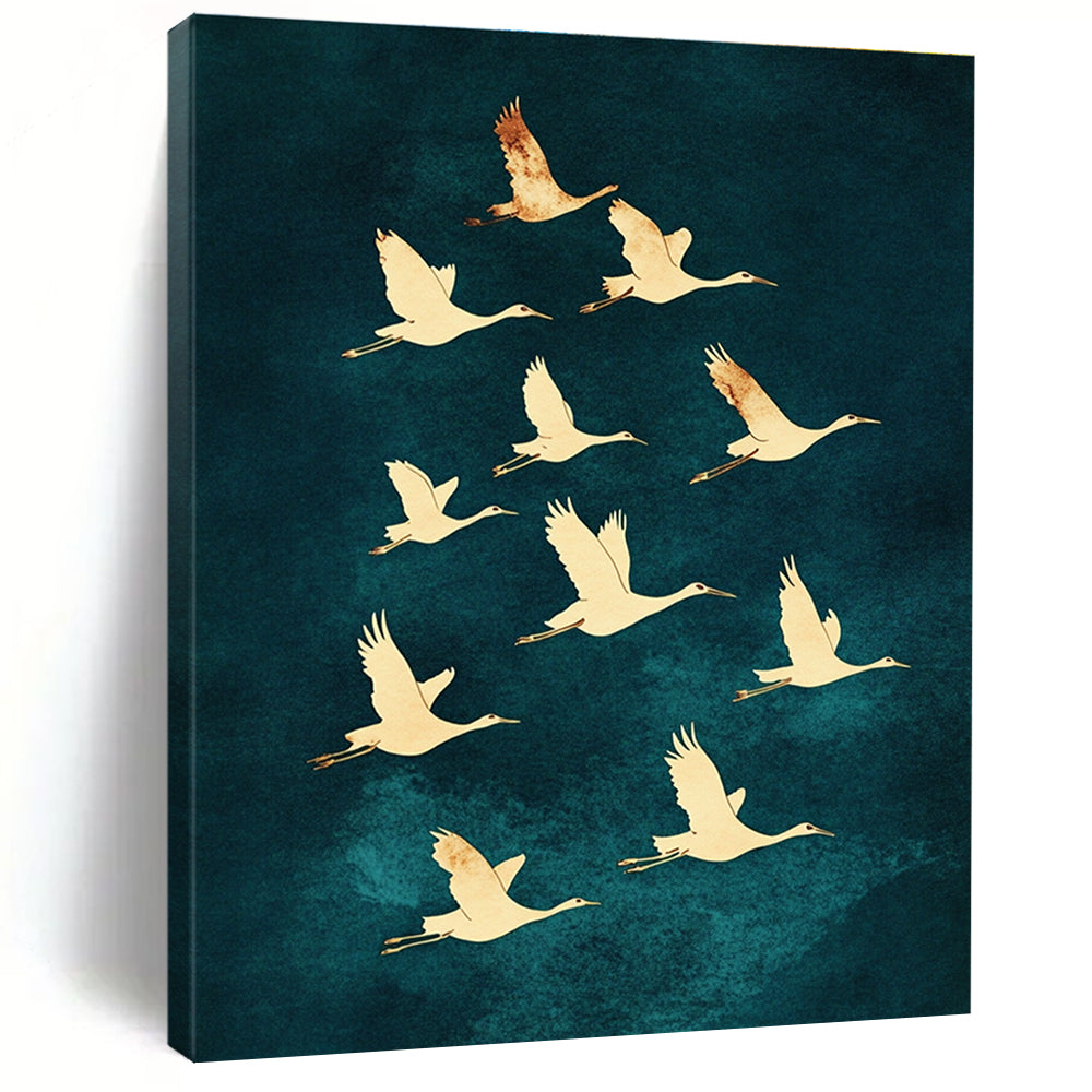 A large abstract painting of ten white cranes in graceful S-shaped flight against a dark blue watercolor background showcasing elegance and beauty.STSC1304