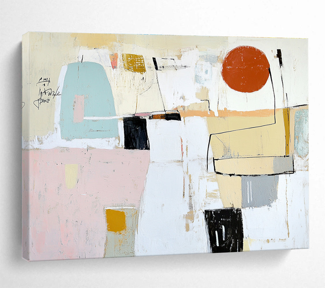 Large abstract painting featuring soft pastel colors, textures, and geometric forms with a prominent red circle and scribbled black text.SC041