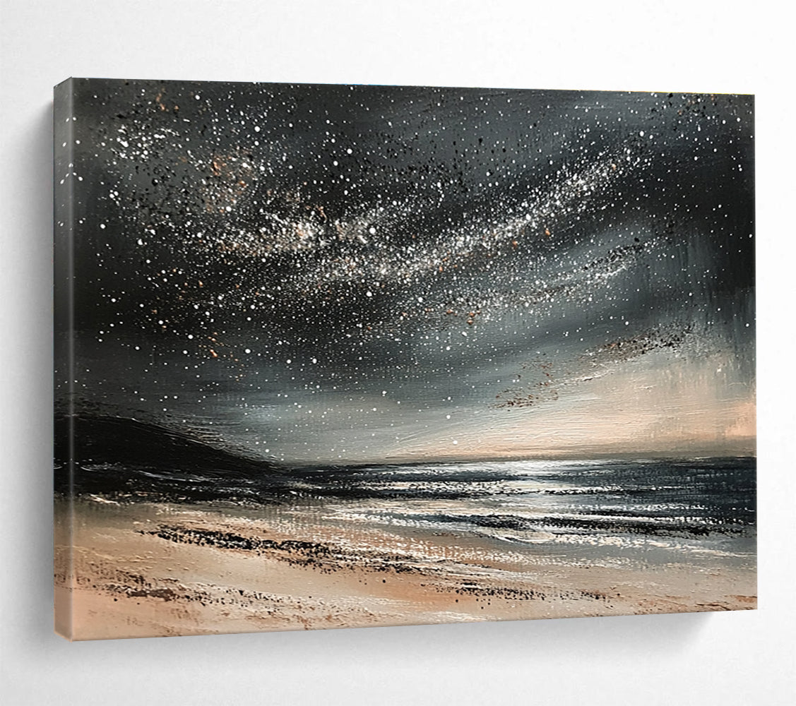 A large abstract painting depicting a calm ocean under a starry night sky with gentle waves and muted gray and black tones.SC528