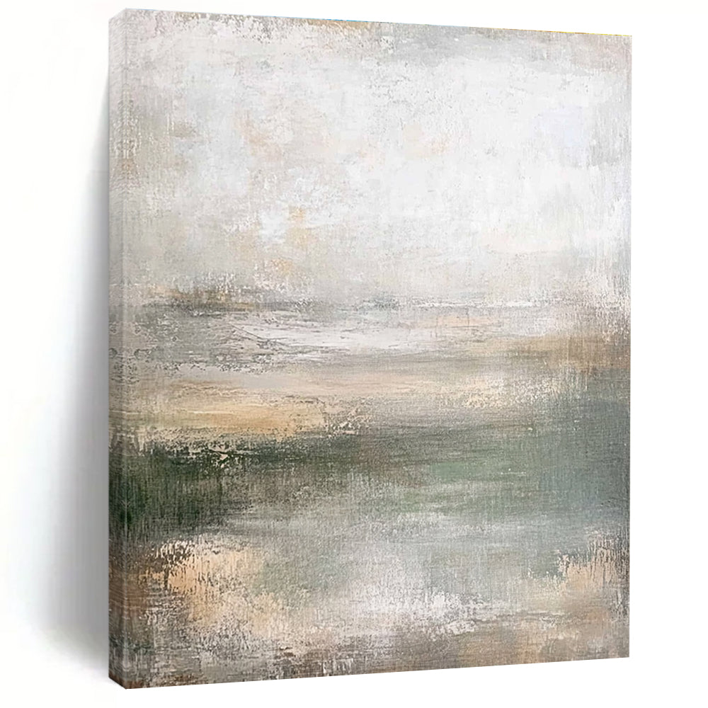 Large abstract painting in muted greens soft grays and beiges featuring a textured canvas and soft edges in neutral tones.STSC219