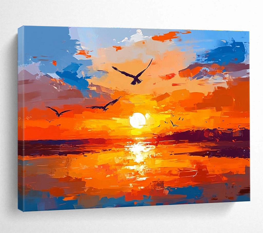 Vibrant Sunset with Birds Abstract Painting in Orange and Blue DYP443