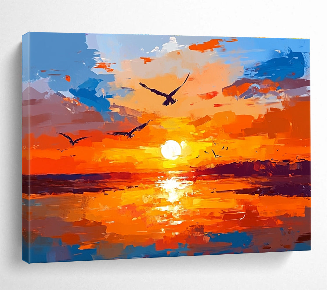 Vibrant Sunset with Birds Abstract Painting in Orange and Blue DYP443
