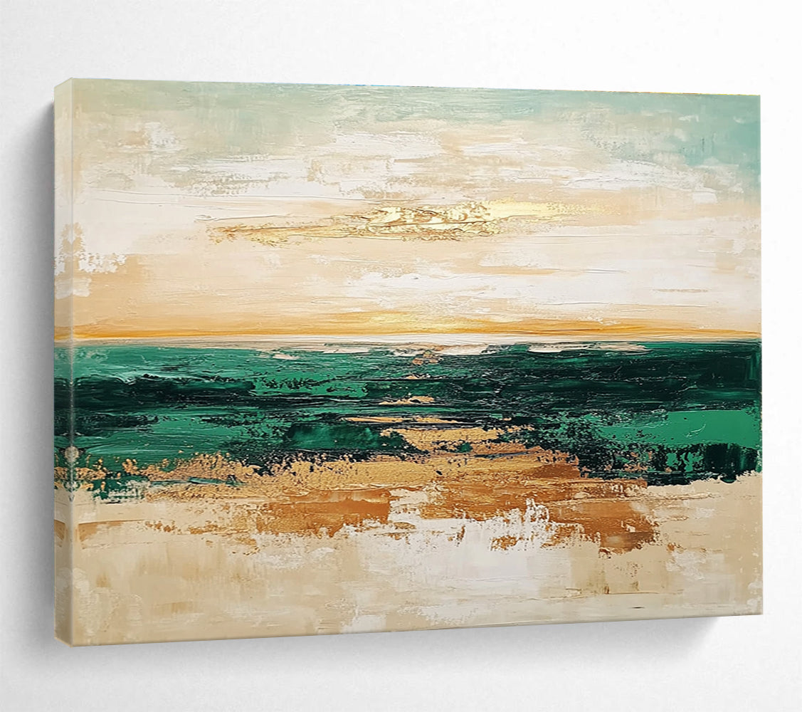 Green Sea Gold Accent Abstract Painting with Layered Horizons DYP265