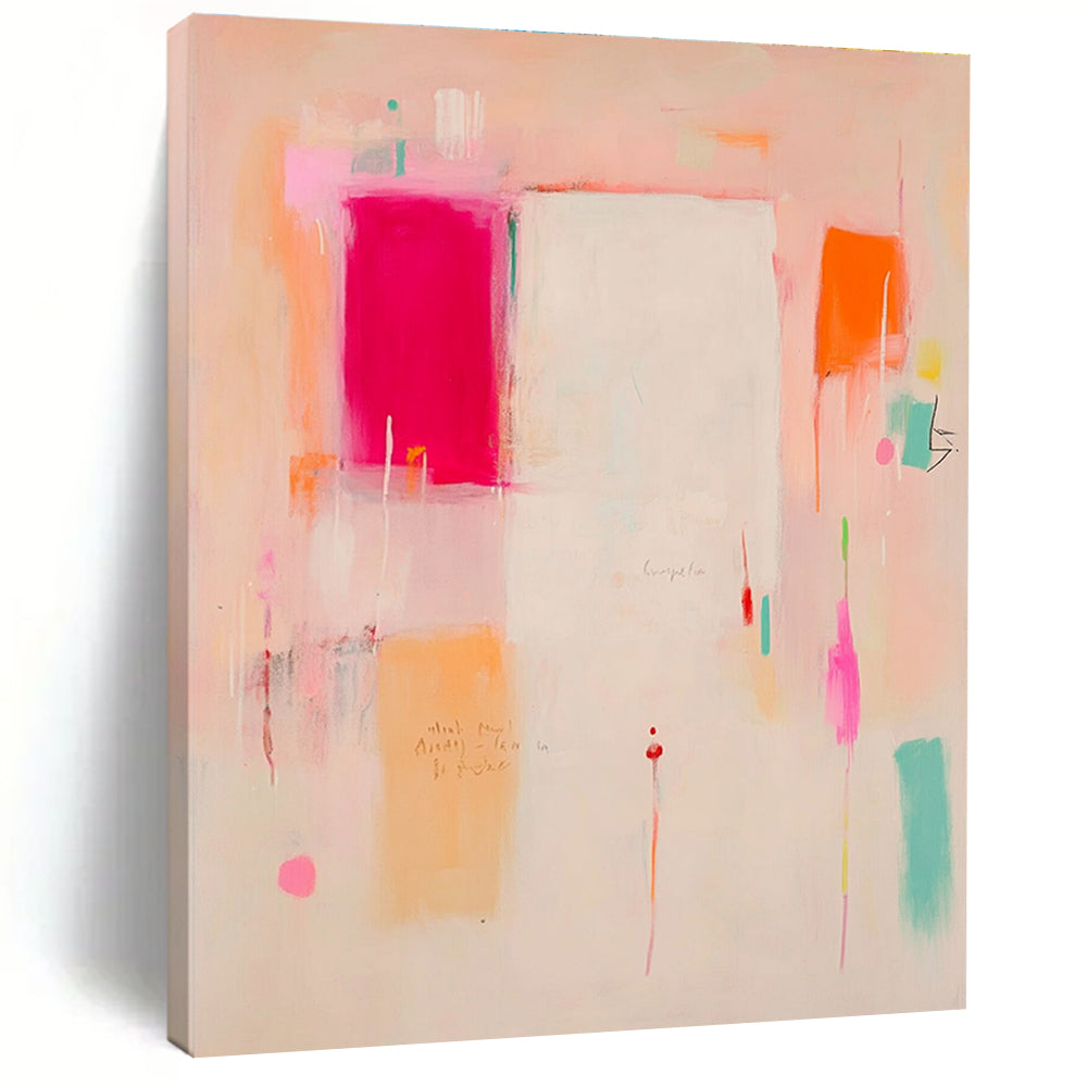 Large abstract painting in soft pink peach and orange tones featuring a white central area with red and yellow accents and expressive shapes.STSC809