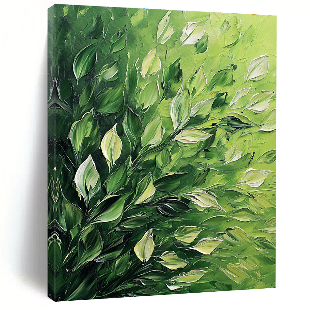 Large Abstract Painting Featuring Lush Foliage With Thick Brush Strokes Set Against A High Contrast Vibrant Green Background.STSC1310